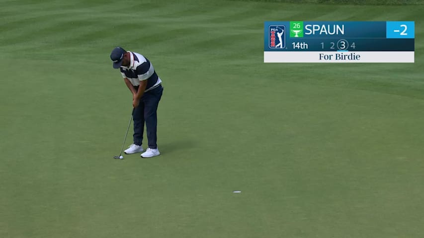 J.J. Spaun drains 9-foot birdie putt on No. 14 at Travelers