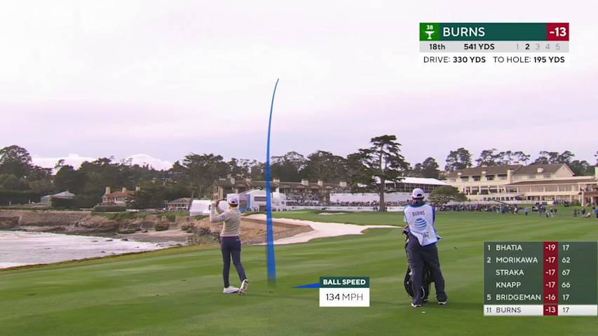 Sam Burns chips in from 47 feet for birdie on No. 18 at Pebble Beach