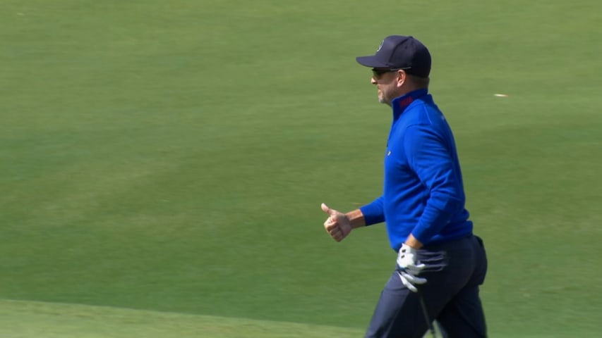 Mikko Korhonen's hole-out eagle bunker shot at ISPS Handa
