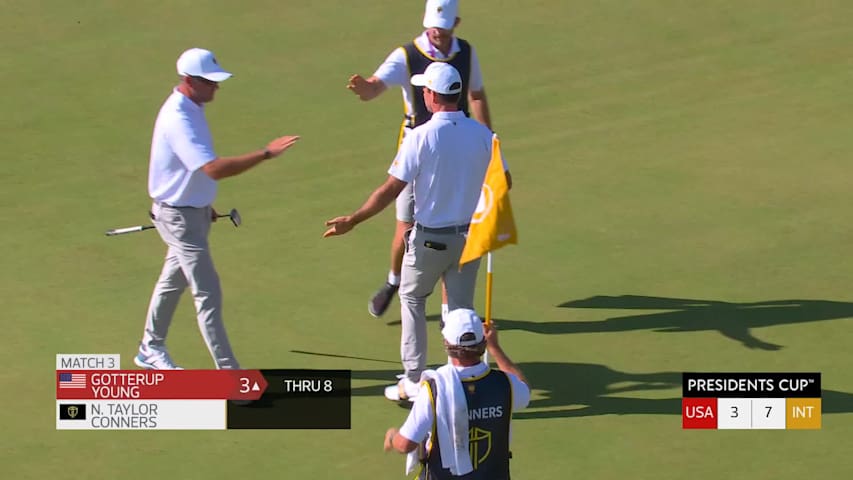 Nick Taylor makes birdie on No. 8 at the 2026 Presidents Cup