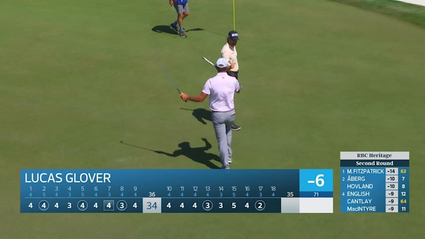 Lucas Glover holes 65-foot greenside shot for birdie on No. 17 at RBC Heritage