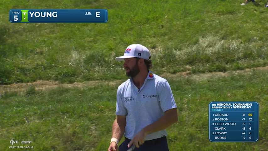 Cameron Young sinks 8-foot birdie putt on No. 5 at the Memorial
