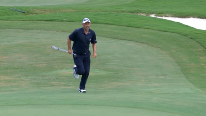 Cameron Percy not playing around with the rain at Wyndham