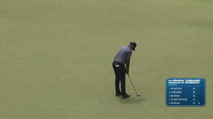 Aaron Rai sinks 21-foot birdie putt on No. 1 at the Memorial