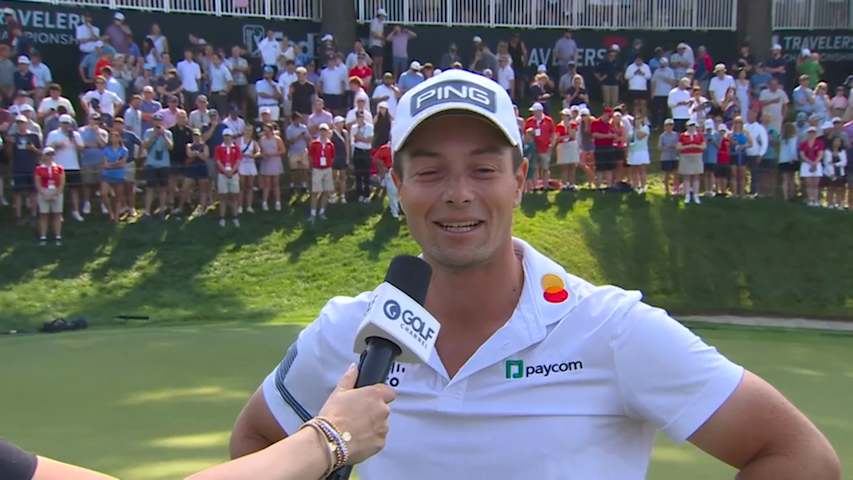 Viktor Hovland's interview after winning in playoff at Travelers Championship