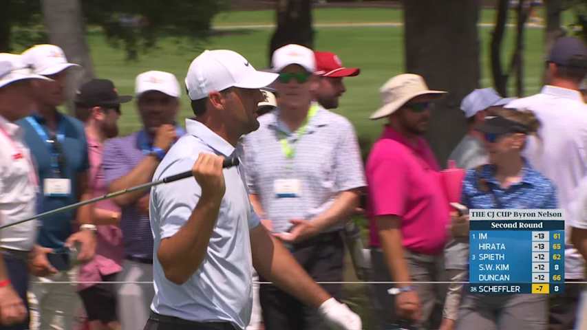 Scottie Scheffler sinks 3-foot putt for birdie on No. 9 at THE CJ CUP