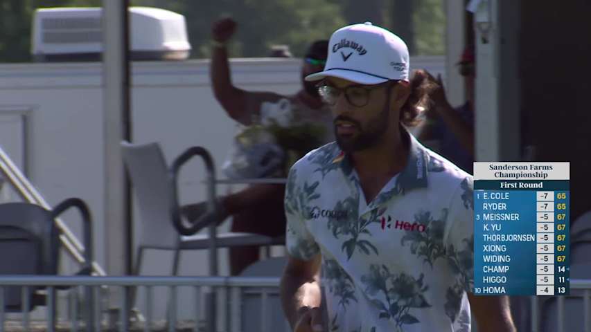 Akshay Bhatia holes out from 16 feet for birdie on No. 12 at Sanderson Farms