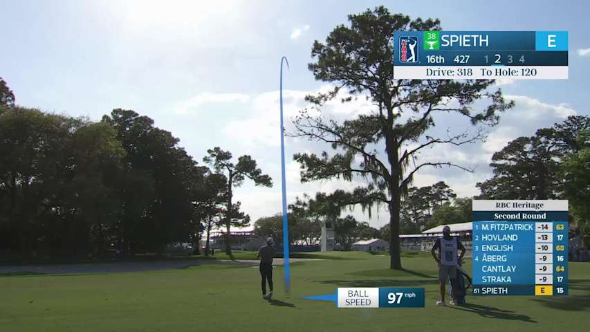 Jordan Spieth's 122-yard approach sets up birdie on No. 16 at RBC Heritage