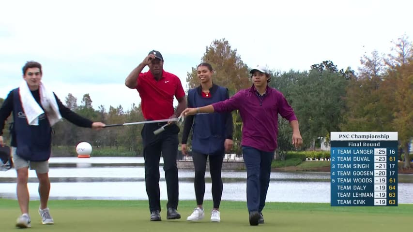 Tiger and Charlie Woods card closing birdie at PNC Championship