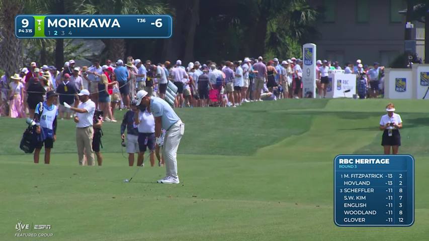 Collin Morikawa gets up-and-down from 106 yards for birdie on No. 9 at RBC Heritage