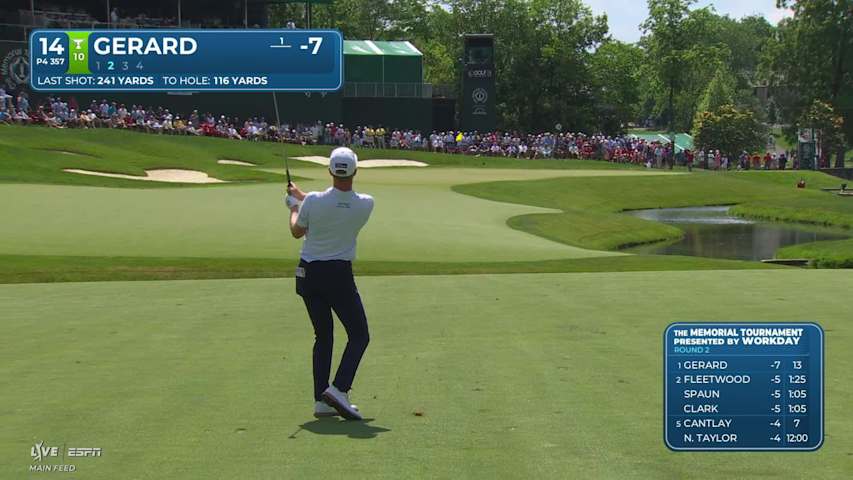 Ryan Gerard gets up-and-down from 115 yards for birdie on No. 14 at the Memorial
