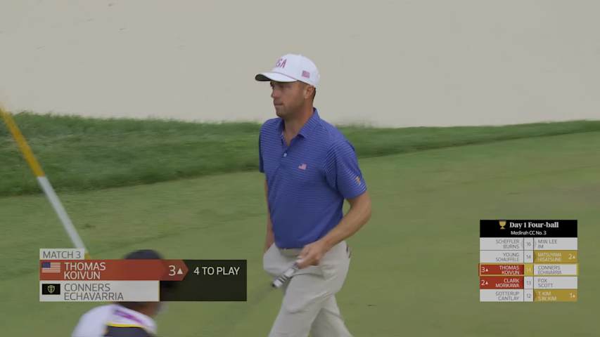 Justin Thomas holes out for birdie on No. 14 at the 2026 Presidents Cup