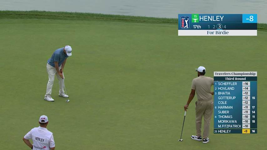 Russell Henley drains 17-foot birdie putt on No. 17 at Travelers