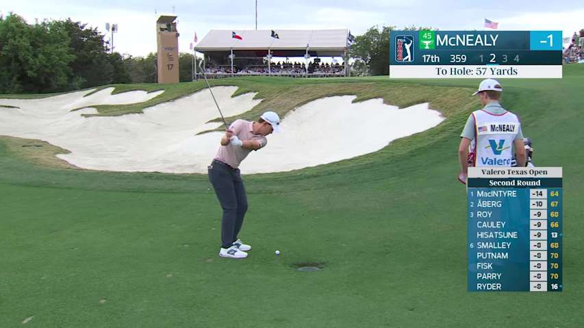 Maverick McNealy hits 55-yard approach to 5 feet, sets up birdie on No. 17 at Valero