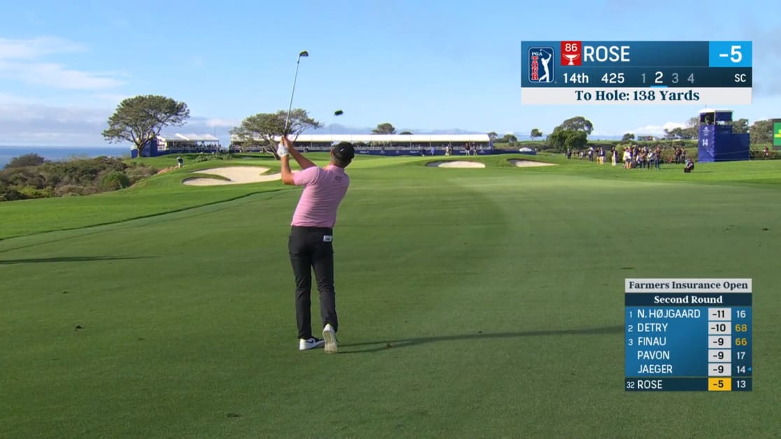 Justin Rose sends his 138 yard approach in close at Farmers