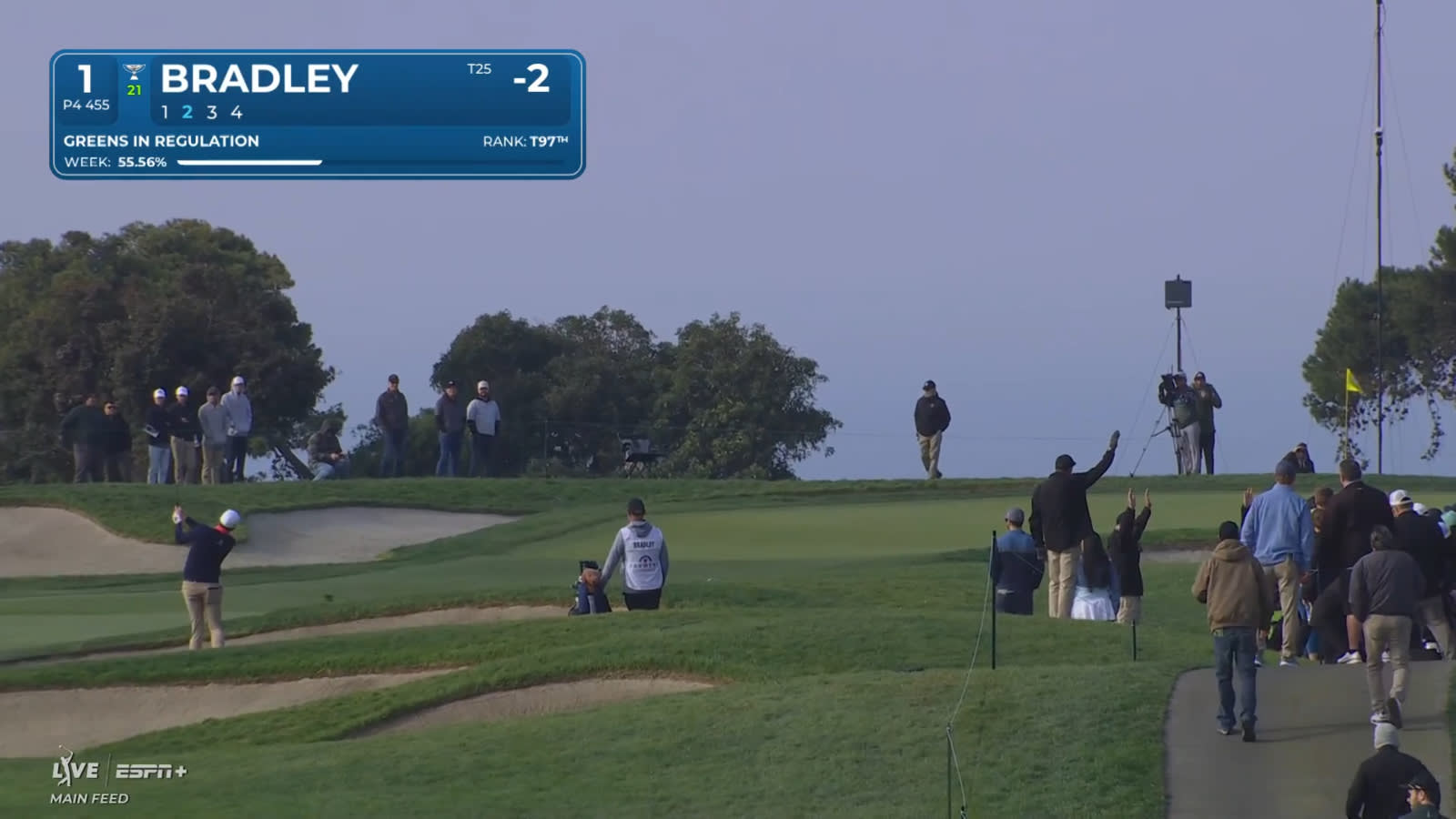 Keegan Bradley navigates the fairway bunker to set up birdie at Farmers