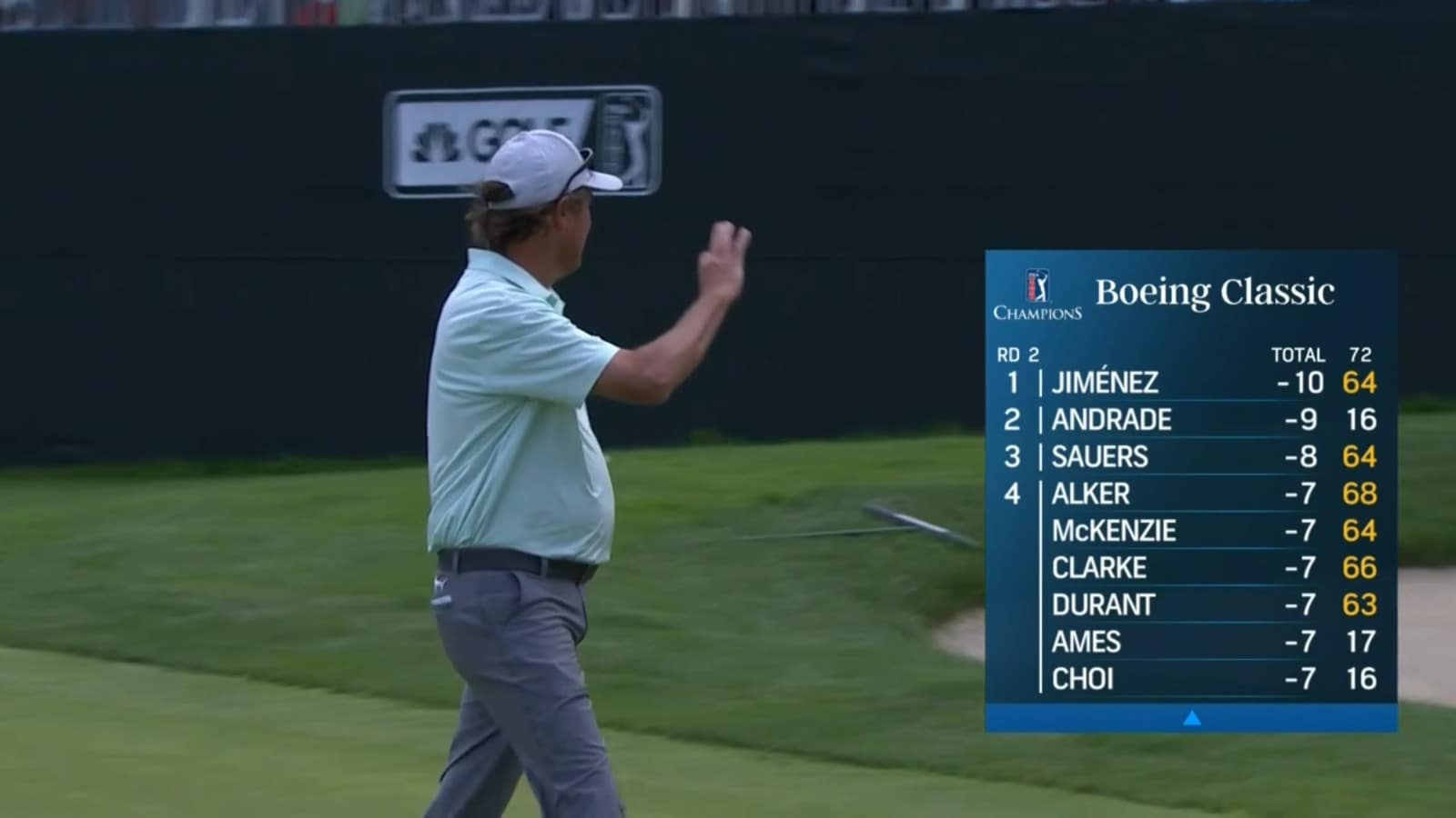 Stephen Ames nearly rolls in his tee shot on No. 17 at Boeing Classic