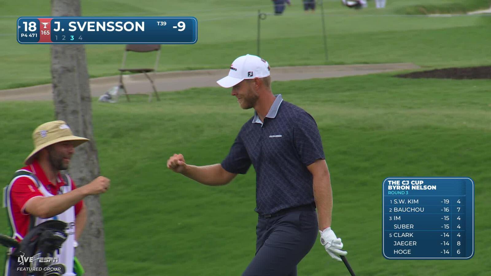 Jesper Svensson holes 63-foot shot from the rough for birdie on No. 18 at THE CJ CUP
