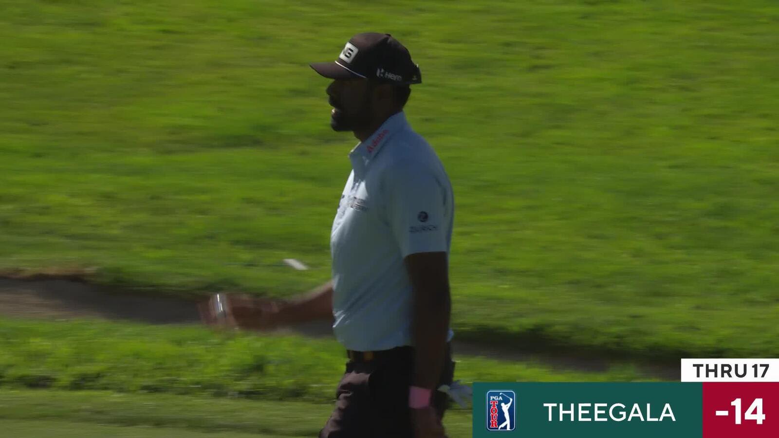 Sahith Theegala sinks 20-foot birdie putt on No. 17 at Farmers