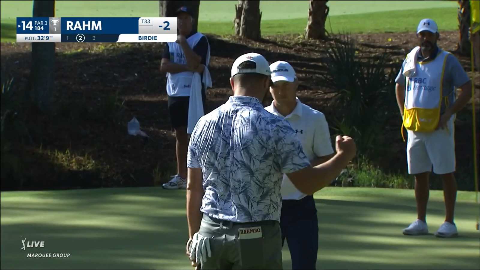 Jon Rahm gets fourth-straight birdie with a 32-footer on No. 14 at RBC Heritage