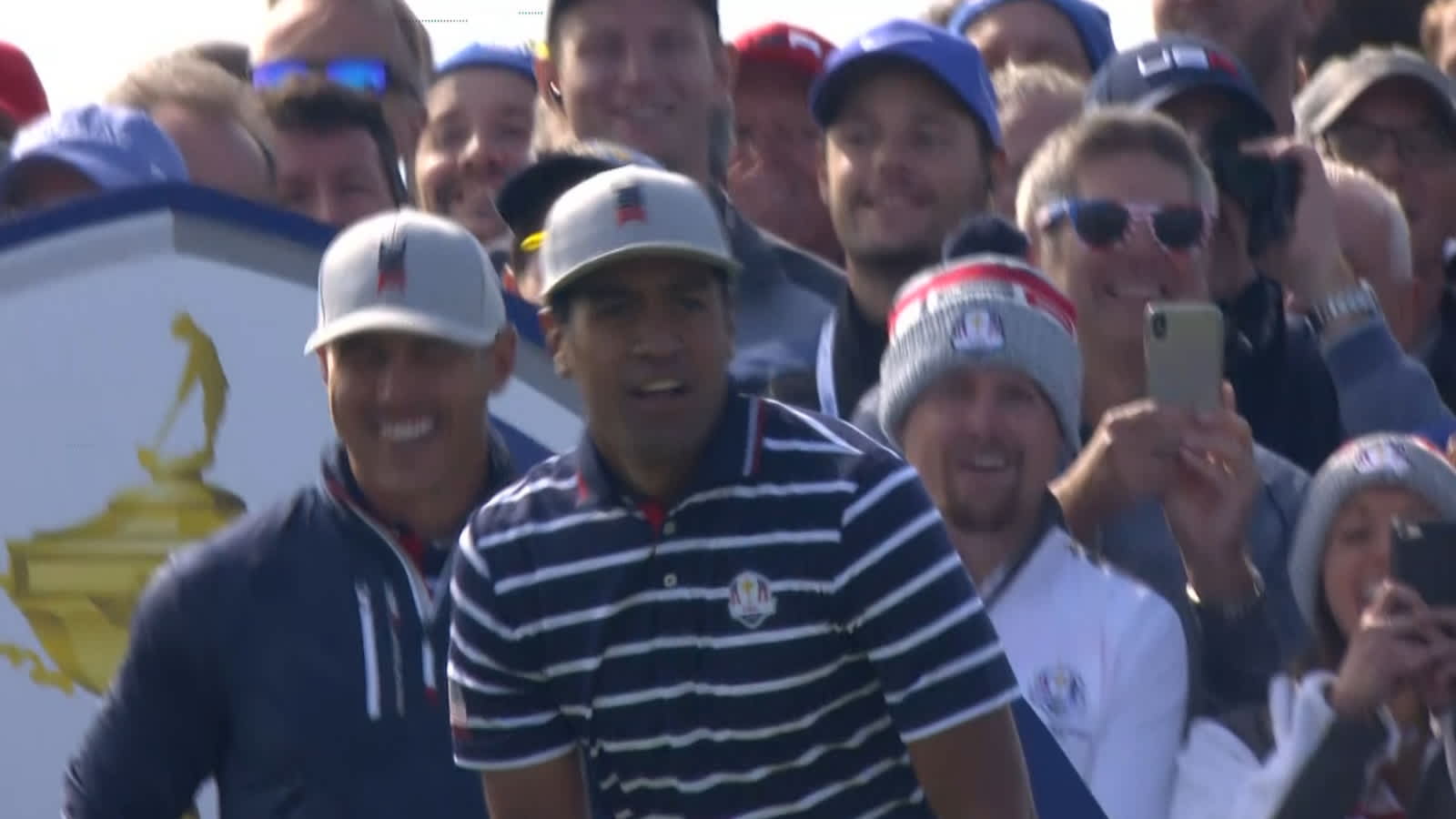 Tony Finau gets a lucky bounce at the Ryder Cup