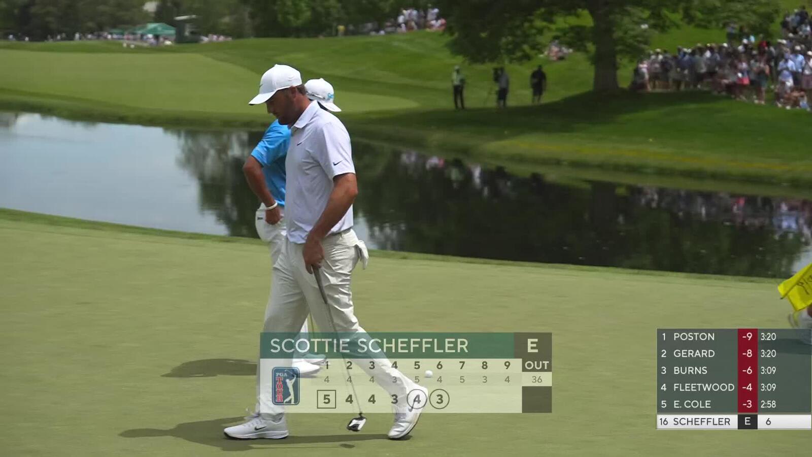 Scottie Scheffler drains 26-foot birdie putt on No. 6 at the Memorial