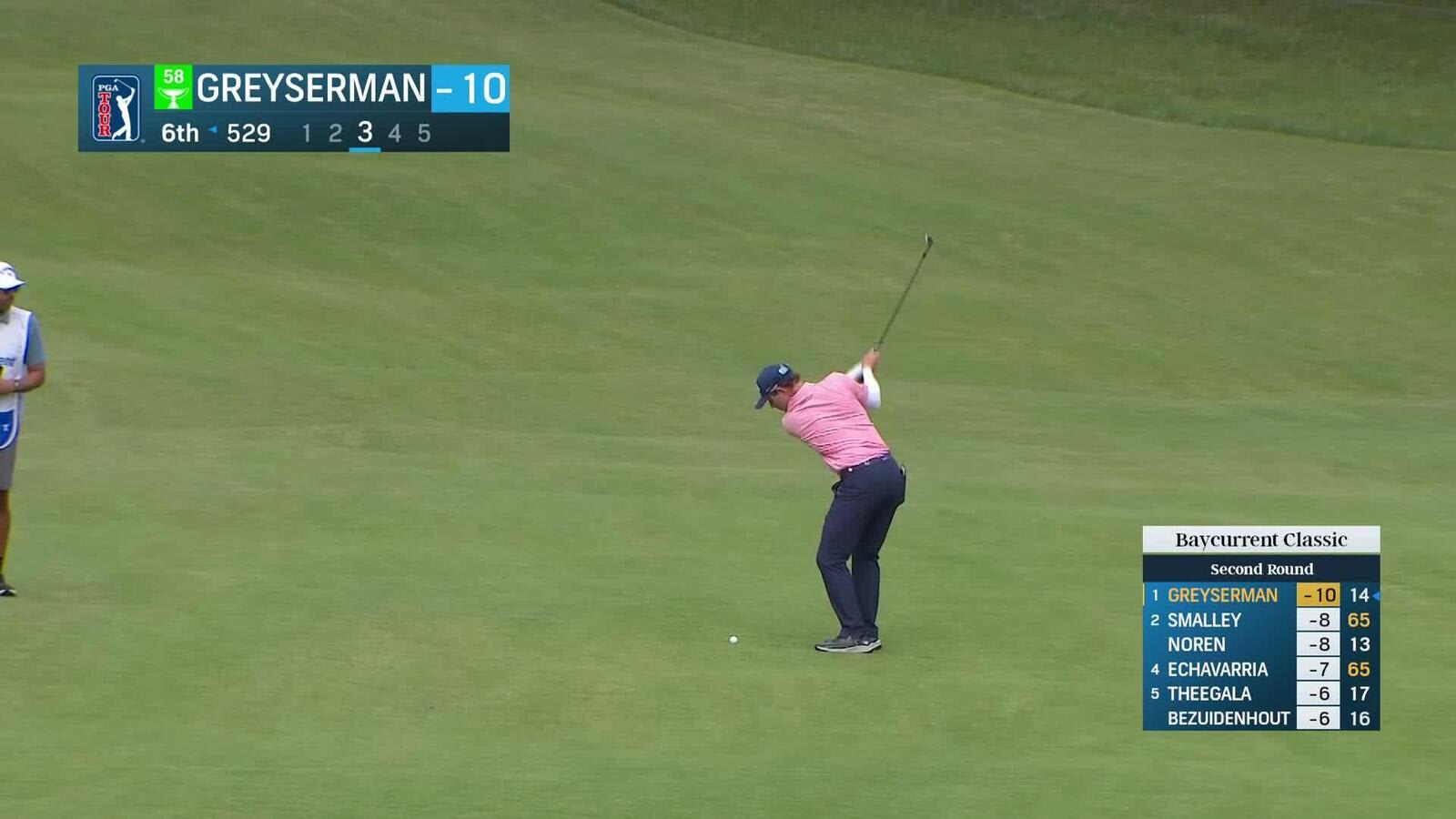 Max Greyserman throws a dart to set up birdie at Baycurrent