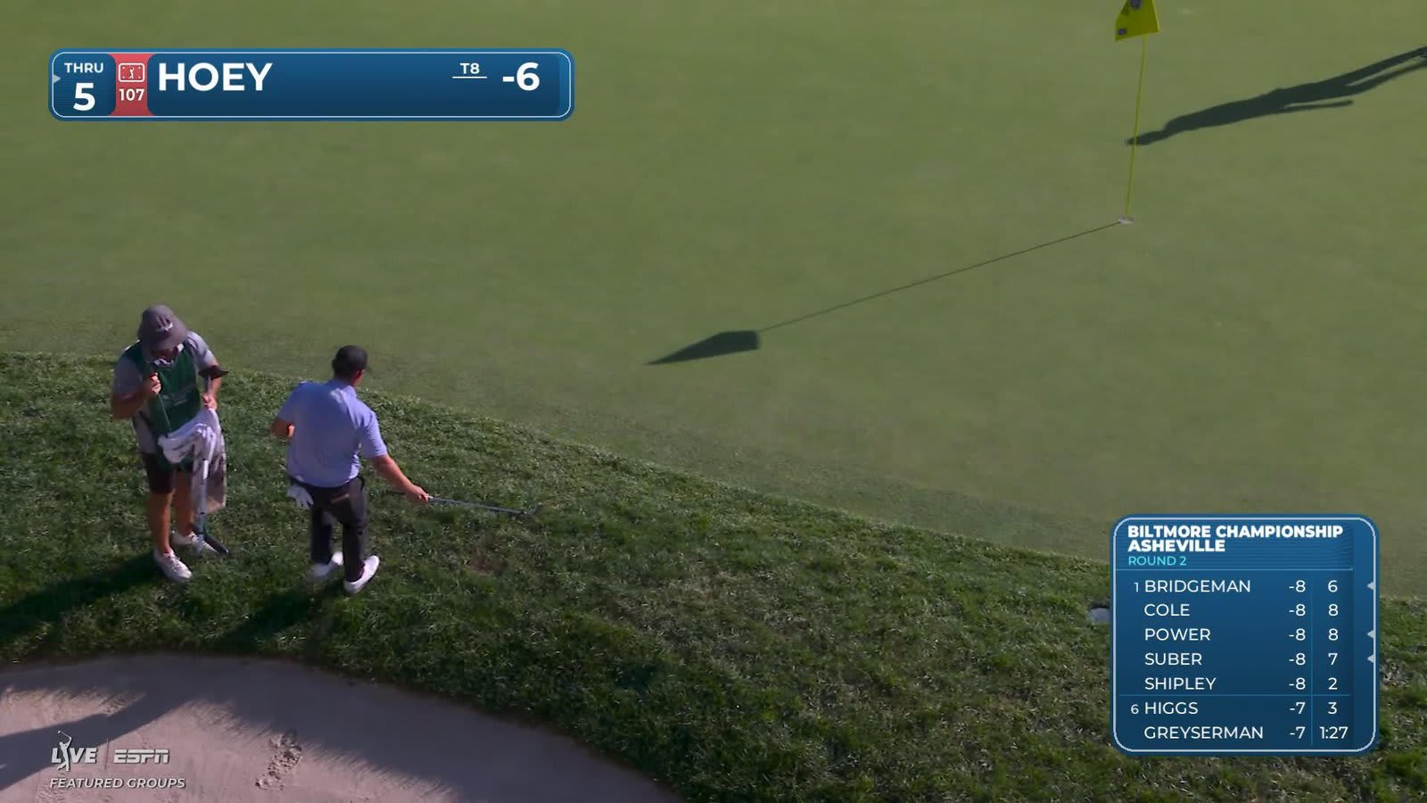 Rico Hoey holes 30-foot bunker shot for birdie on No. 14 at Biltmore Championship