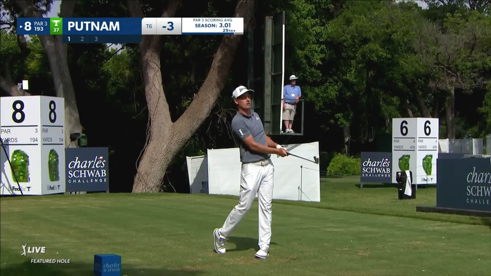 Andrew Putnam's tee shot burns the edge of the cup at Charles Schwab
