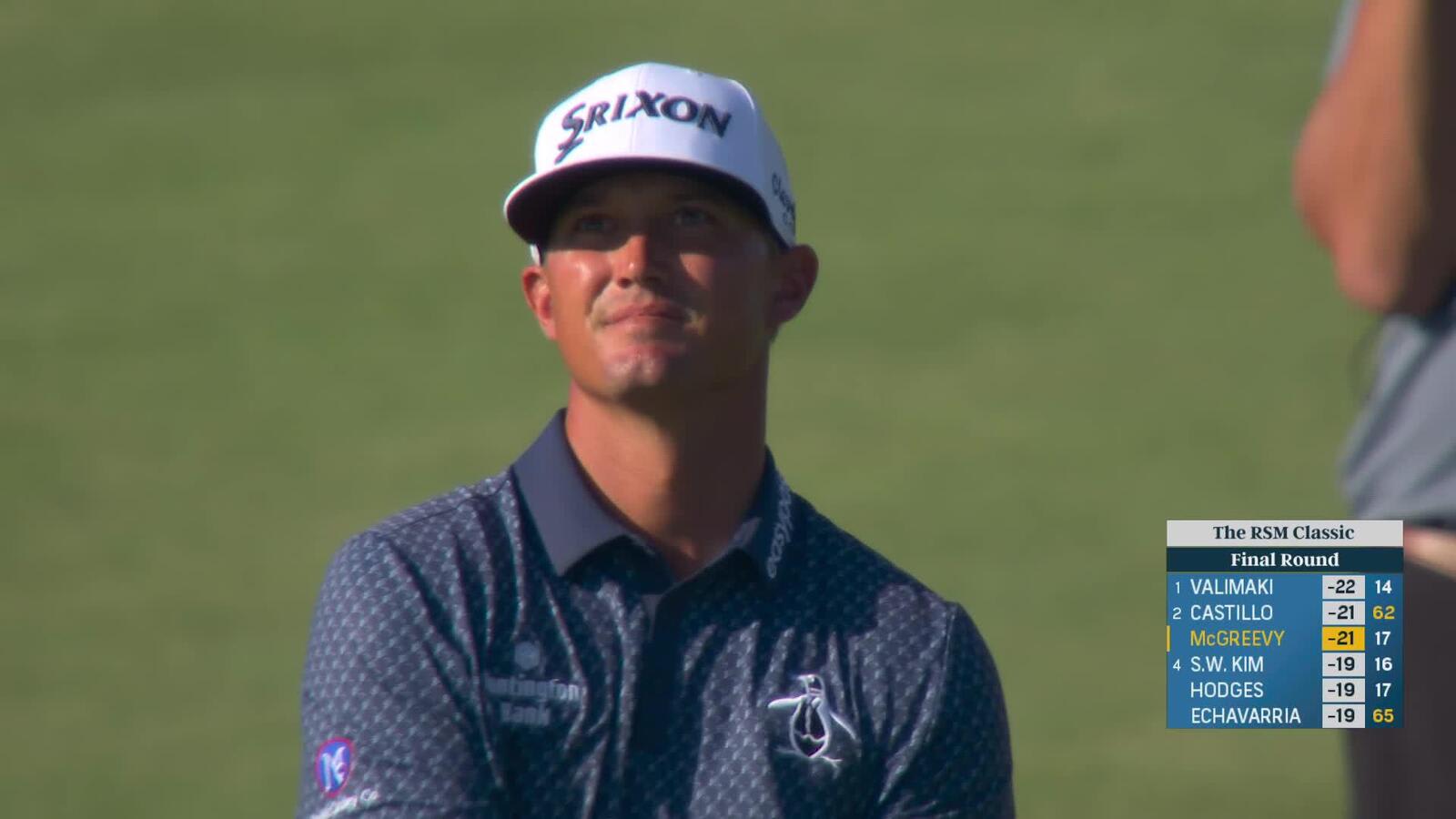 Max McGreevy sinks 30-foot birdie putt on No. 18 at The RSM Classic