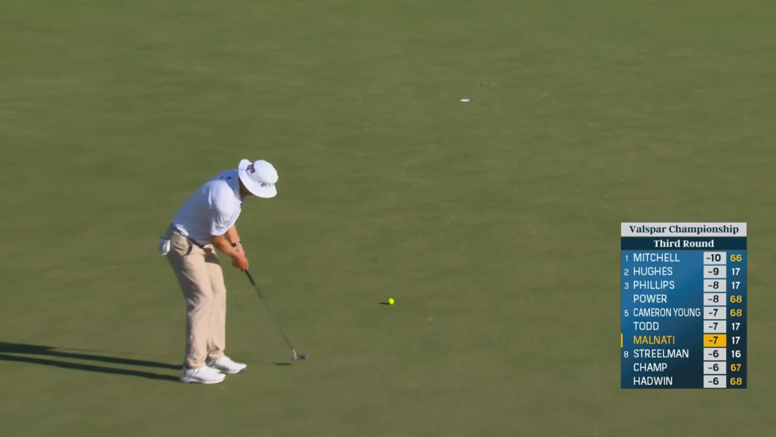 Peter Malnati reads a right-to-left breaking 31-footer perfectly at Valspar