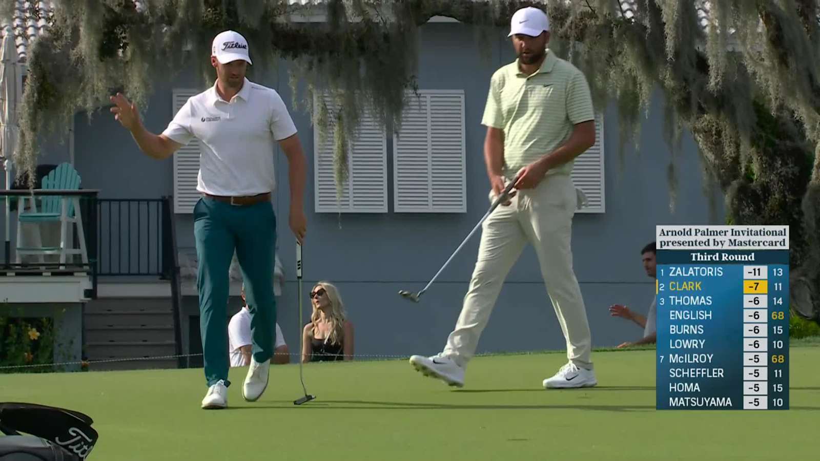 Wyndham Clark curls in a 16-footer for eagle at Arnold Palmer