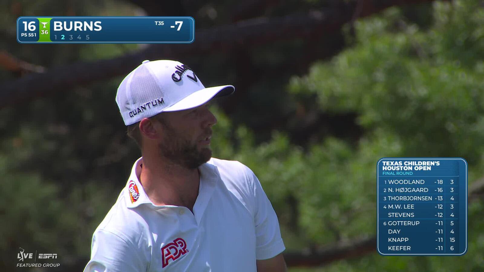 Sam Burns hits 226-yard approach to 32 feet, sets up birdie on No. 16 at Texas Children's