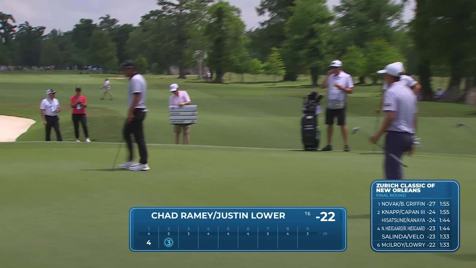Team Chad Ramey/Justin Lower drains a 51-foot eagle putt at Zurich Classic