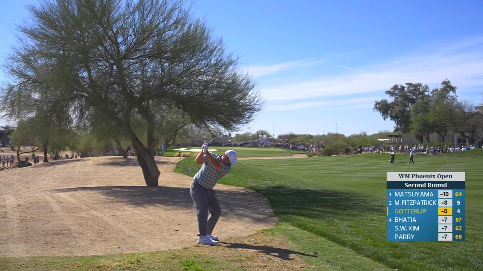 Chris Gotterup chips in from 75 feet for birdie on No. 5 at WM Phoenix Open