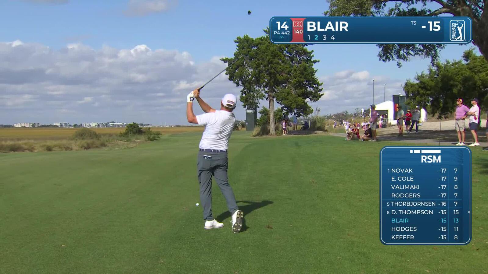 Zac Blair hits approach to 11 feet, walks in putt for birdie on No. 14 at The RSM Classic