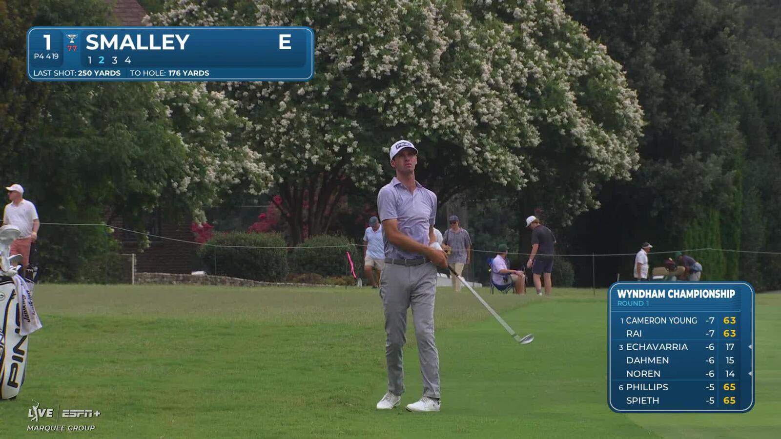 Alex Smalley sinks a 29-foot birdie putt on No. 1 at Wyndham