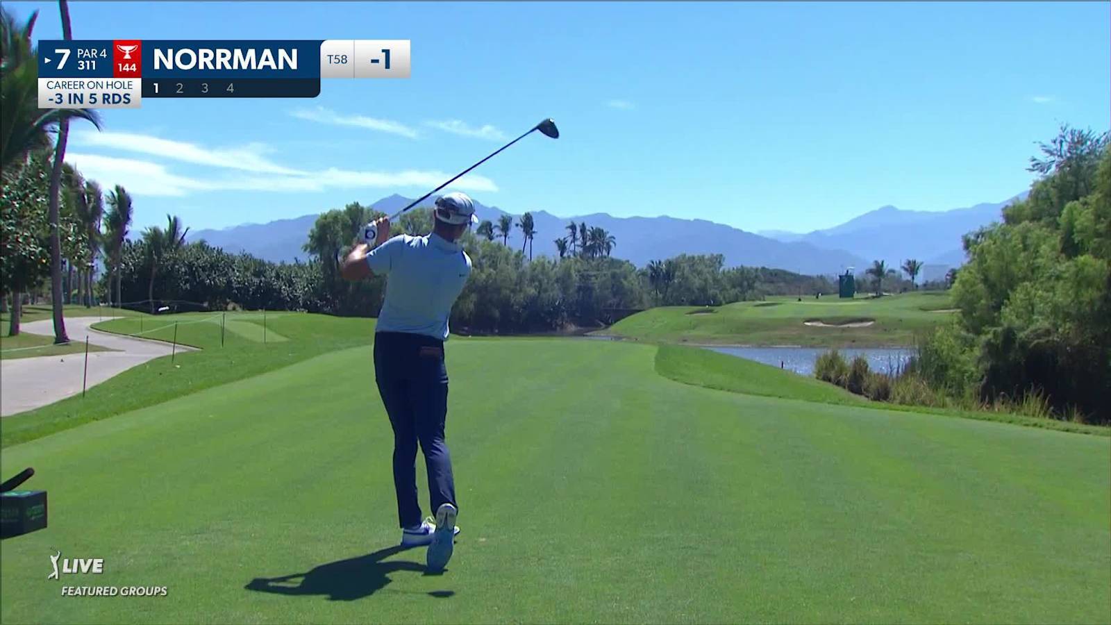 Vincent Norrman drives the green and birdies at Mexico Open