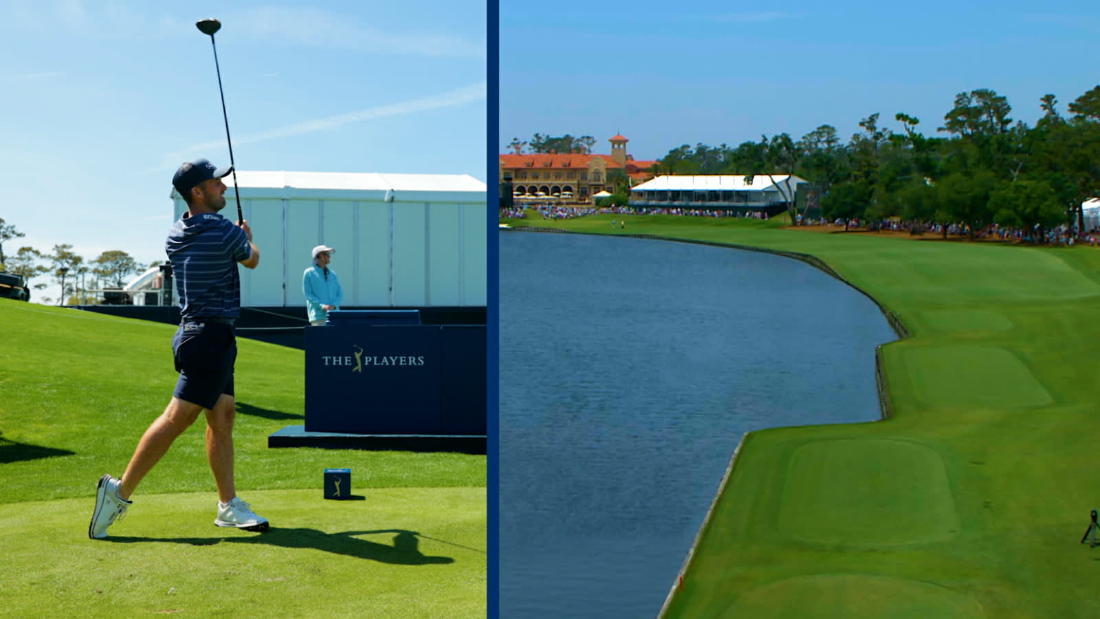 Players discuss their tee shot shapes on No. 18 at TPC Sawgrass