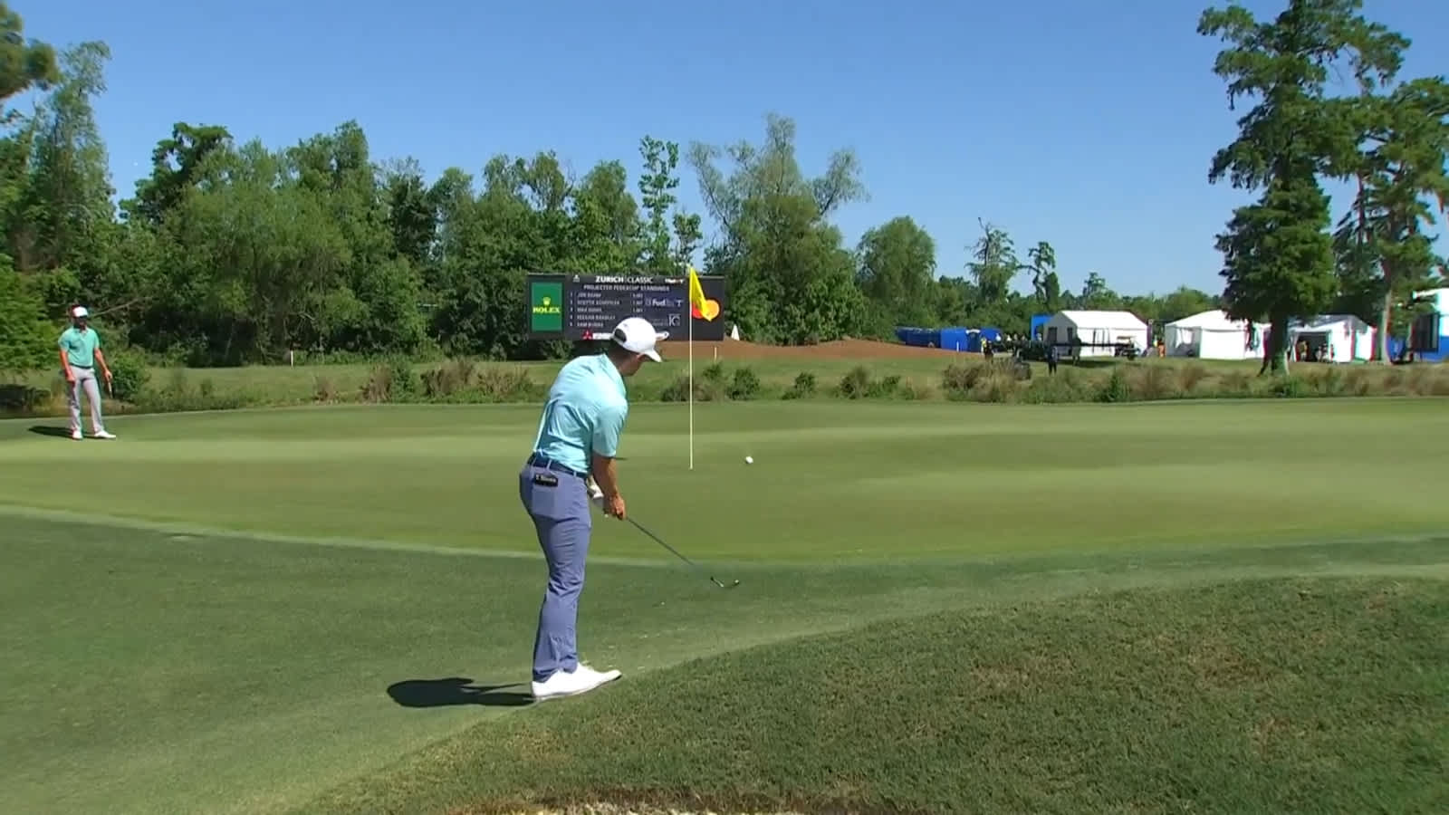Vincent Norrman plays it off the slope to set up birdie at Zurich Classic