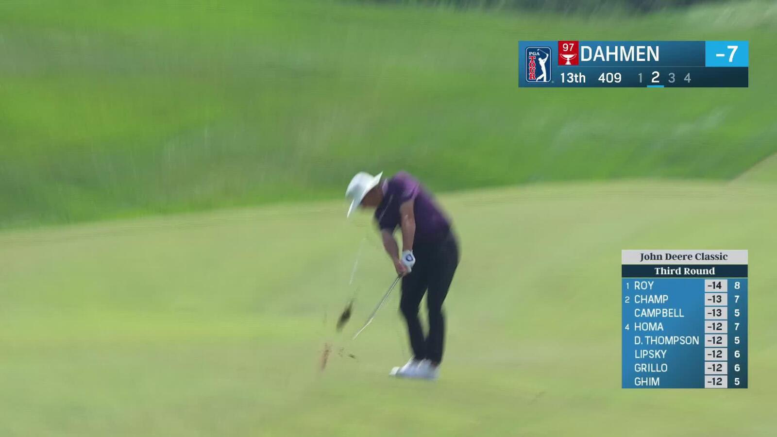 Joel Dahmen holes approach for eagle at John Deere