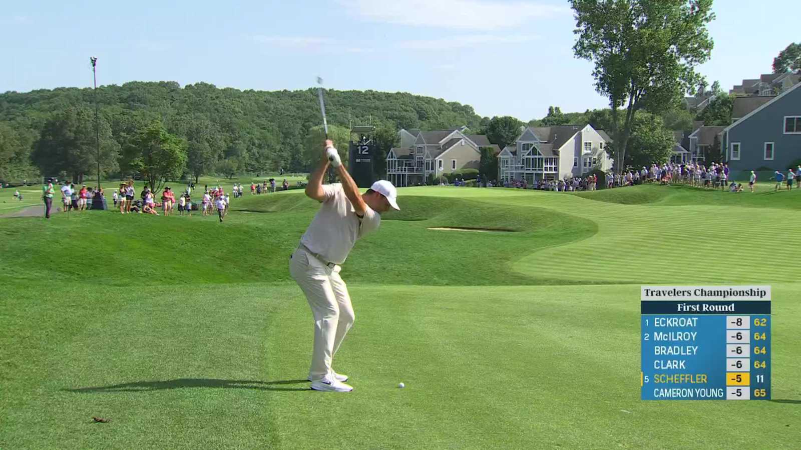 Scottie Scheffler holes out for birdie from 11-feet on No. 12 at Travelers