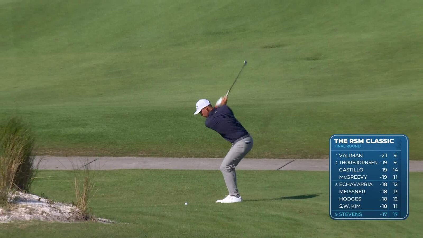 Sam Stevens hits 139-yard approach to 9 feet, sets up birdie on No. 18 at The RSM Classic