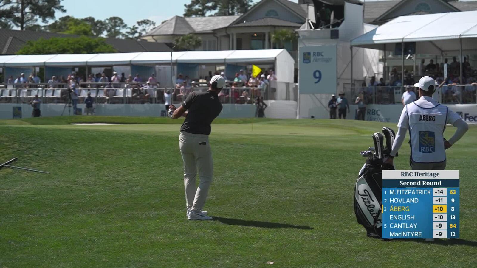 Ludvig Åberg drains 13-foot putt for birdie on No. 9 at RBC Heritage