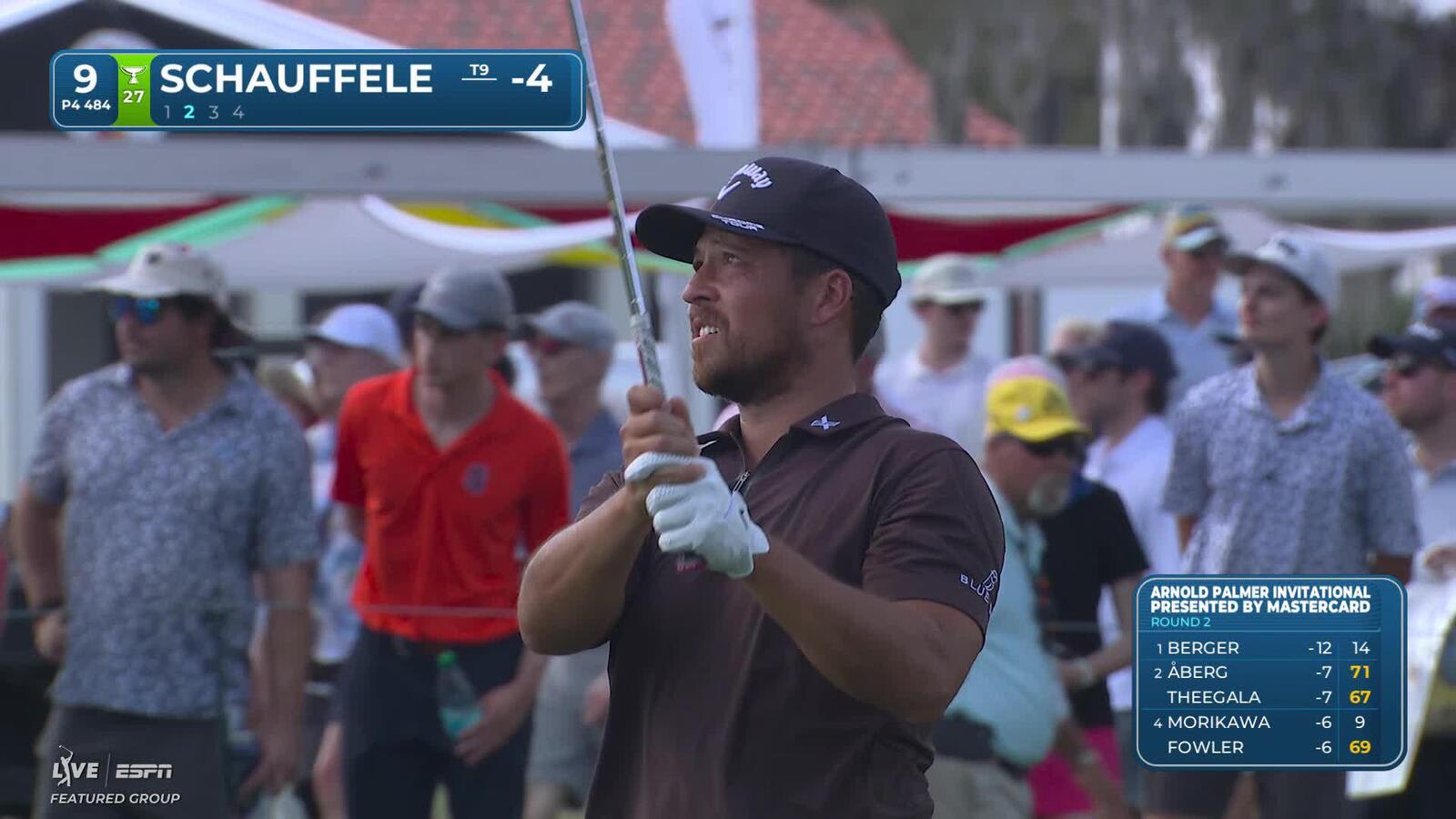 Xander Schauffele holes out from 25 feet for birdie on No. 9 at Arnold Palmer