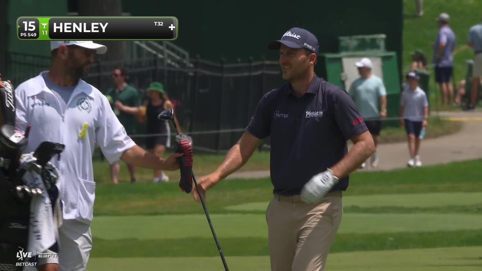 Russell Henley sinks 3-foot putt for birdie on No. 15 at the Memorial