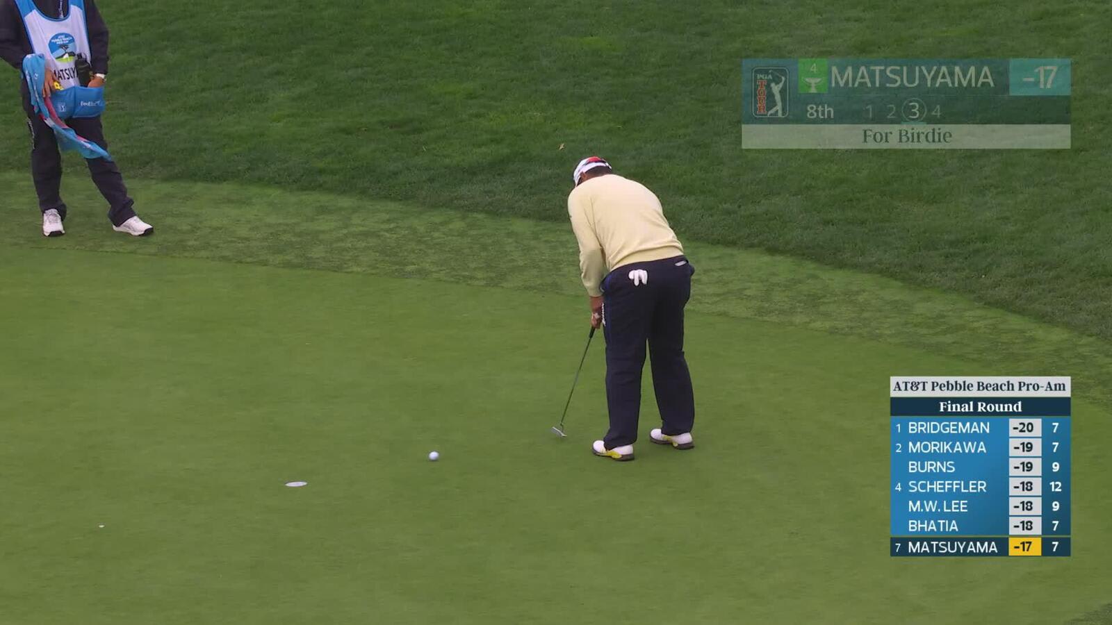 Hideki Matsuyama sinks 4-foot birdie putt on No. 8 at AT&T Pebble Beach