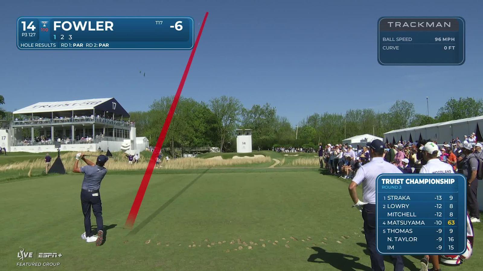 Rickie Fowler sinks a 20-foot birdie putt on No. 14 at Truist Championship