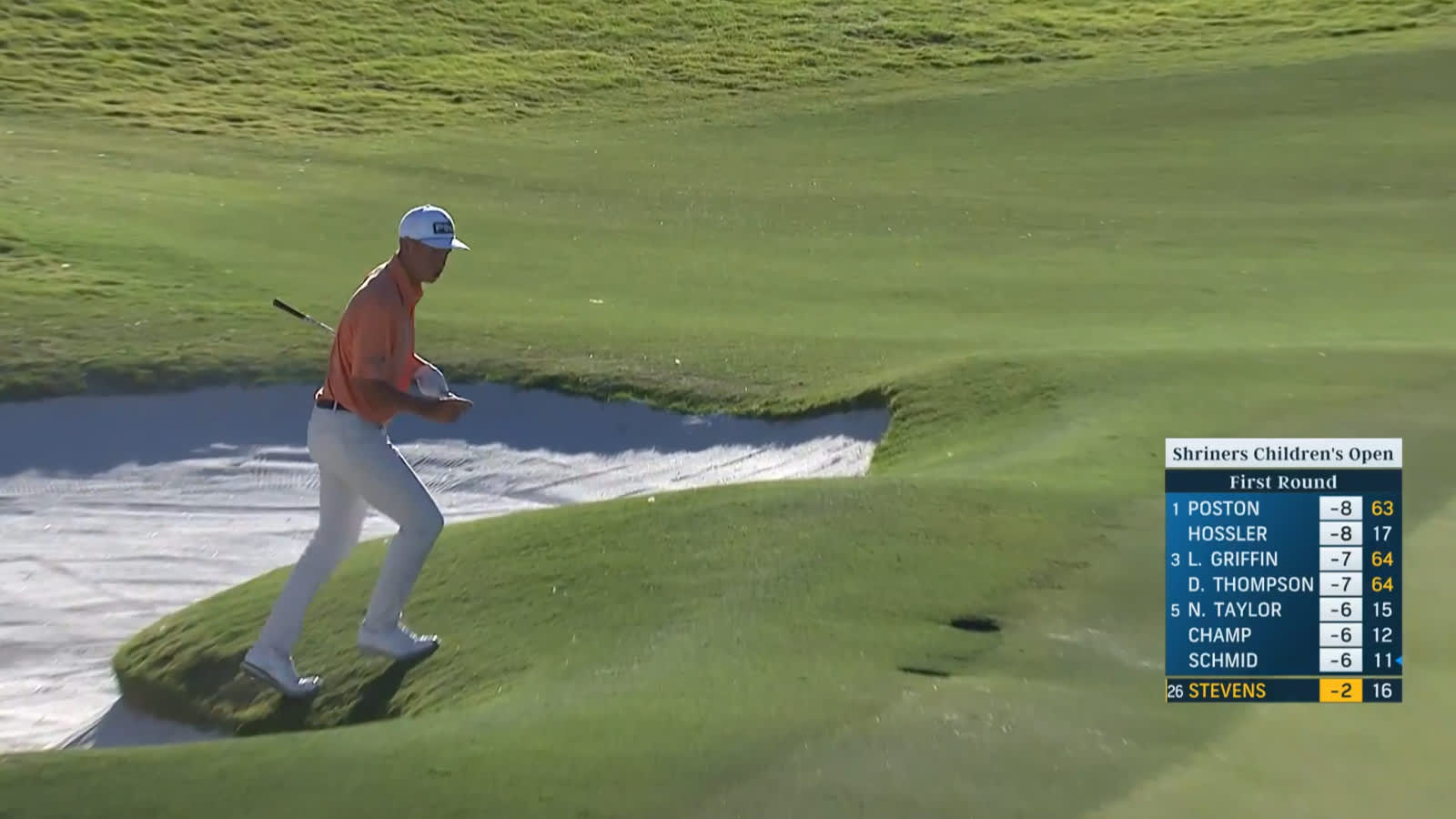 Sam Stevens holes out from bunker for birdie at Shriners Children's Open