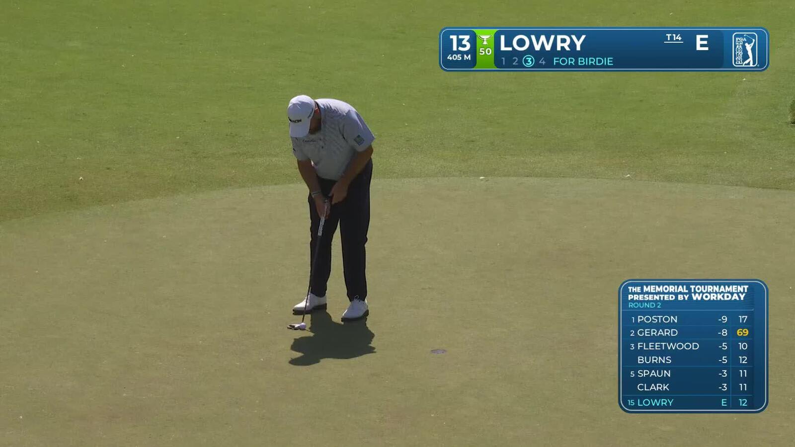 Shane Lowry sinks 3-foot putt for birdie on No. 13 at the Memorial